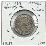 1929-34 Silver Morocco 5 Francs, XF/AU .680