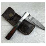 Damascus Steel Folding Blade Knife w/ Sheath