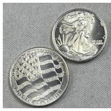 (2) 1/10ozt Silver Rounds, Walker & Flag .999