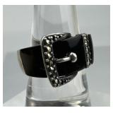 925 Silver Black Onyx Marcasite Belt Buckle Ring