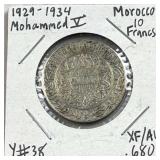 1929-34 Silver Morocco 10 Francs, XF/AU .680