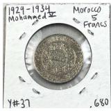1929-34 Silver Morocco 5 Francs, XF/AU .680
