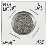 1924 Silver Latvia 1 Lats Coin .835