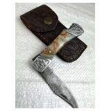 Damascus Steel Folding Blade Knife w/ Sheath