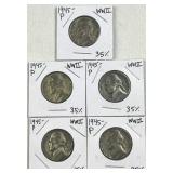 (5) 1945-P Silver WWII War Nickels, 35%