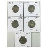 (5) 1943-S Silver WWII War Nickels, 35%