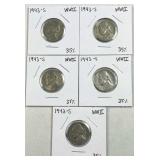 (5) 1943-S Silver WWII War Nickels, 35%