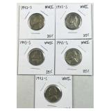 (5) 1943-S Silver WWII War Nickels, 35%