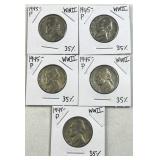 (5) 1945-P Silver WWII War Nickels, 35%