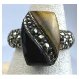 925 Silver Tigers Eye,Black Tourmaline & Marcasite