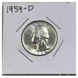 1959-D Washington Silver Quarter, US 90% UNC