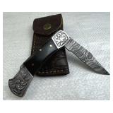 Damascus Steel Folding Blade Knife w/ Sheath