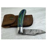 Damascus Steel Folding Blade Knife w/ Sheath