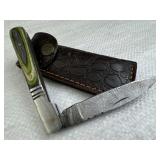 Damascus Steel Folding Blade Knife w/ Sheath