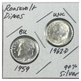 1959 & 1962-D Rosy Silver Dimes BU & UNC 90%