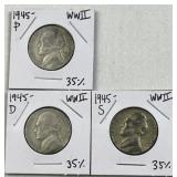 1945-P,D,S Silver WWII Era War Nickels, 35%