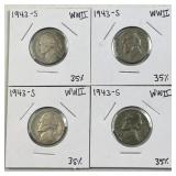 (4) 1943-S Silver WWII Era War Nickels, 35%