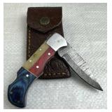 Damascus Steel TX Folding Blade Knife w/ Sheath