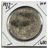 1929-34 Silver Morocco 10 Francs .680 XF/AU