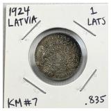 1924 Silver Latvia 1 Lats Coin .835 Purity