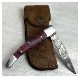 Damascus Steel Folding Blade Knife w/ Sheath