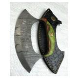 Damascus Steel Fixed Ulu Blade Knife w/ Sheath