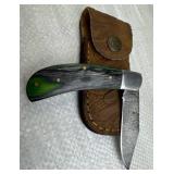 Damascus Steel Folding Blade Knife w/ Sheath