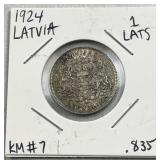 1924 Silver Latvia 1 Lats Coin .835 Purity