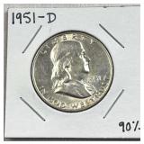 1951-D Franklin Silver Half Dollar, US 90% Coin