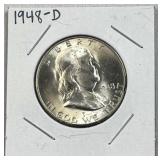 1948-D Franklin Silver Half Dollar, US 90% UNC