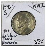 1943-S Silver WWII War Nickel AU+ Rainbow Rev