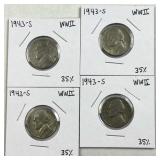 (4) 1943-S Silver WWII Era War Nickels, 35%
