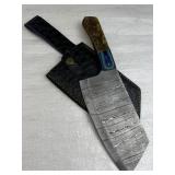 Lg Damascus Steel Fixed Cleaver Knife w/ Sheath
