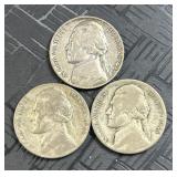(3) 1943-45 Silver WWII Era War Nickels, 35%