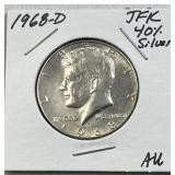 1968-D JFK 40% Silver Half Dollar, About Uncirc.