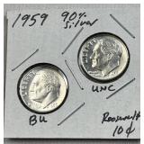 (2) 1959 Silver Roosevelt Dimes, 90%, BU/UNC