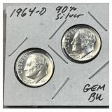(2) 1964-D Silver Roosevelt Dimes, 90%, Gem BU
