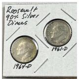 1961-64D Silver Roosevelt Dimes, 90% Coins