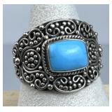 925 Silver Blue Turquoise Filigree Band Ring