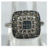 925 Silver White & Blue Diamond Floral Ring