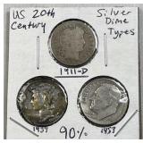 US 20th Century Silver Dime (3) Types 90%