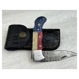 Damascus Steel TX Folding Blade Knife w/ Sheath