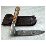 Damascus Steel Folding Blade Knife w/ Sheath