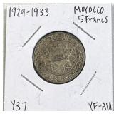 1929-34 Silver Morocco 5 Francs .680 XF/AU