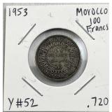 1953 Silver Morocco 100 Francs .720, VG-F