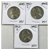 (3) 1943-S Silver WWII Era War Nickels, 35%