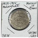1929-34 Silver Morocco 10 Francs .680 XF/AU