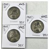 1945-P,D,S Silver WWII Era War Nickels, 35%