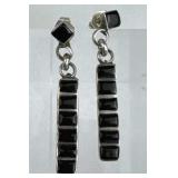 925 Silver Black Onyx Inlay Dangle Post Earrings
