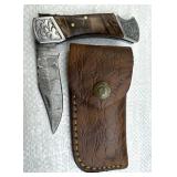 Damascus Steel Folding Blade Knife w/ Sheath